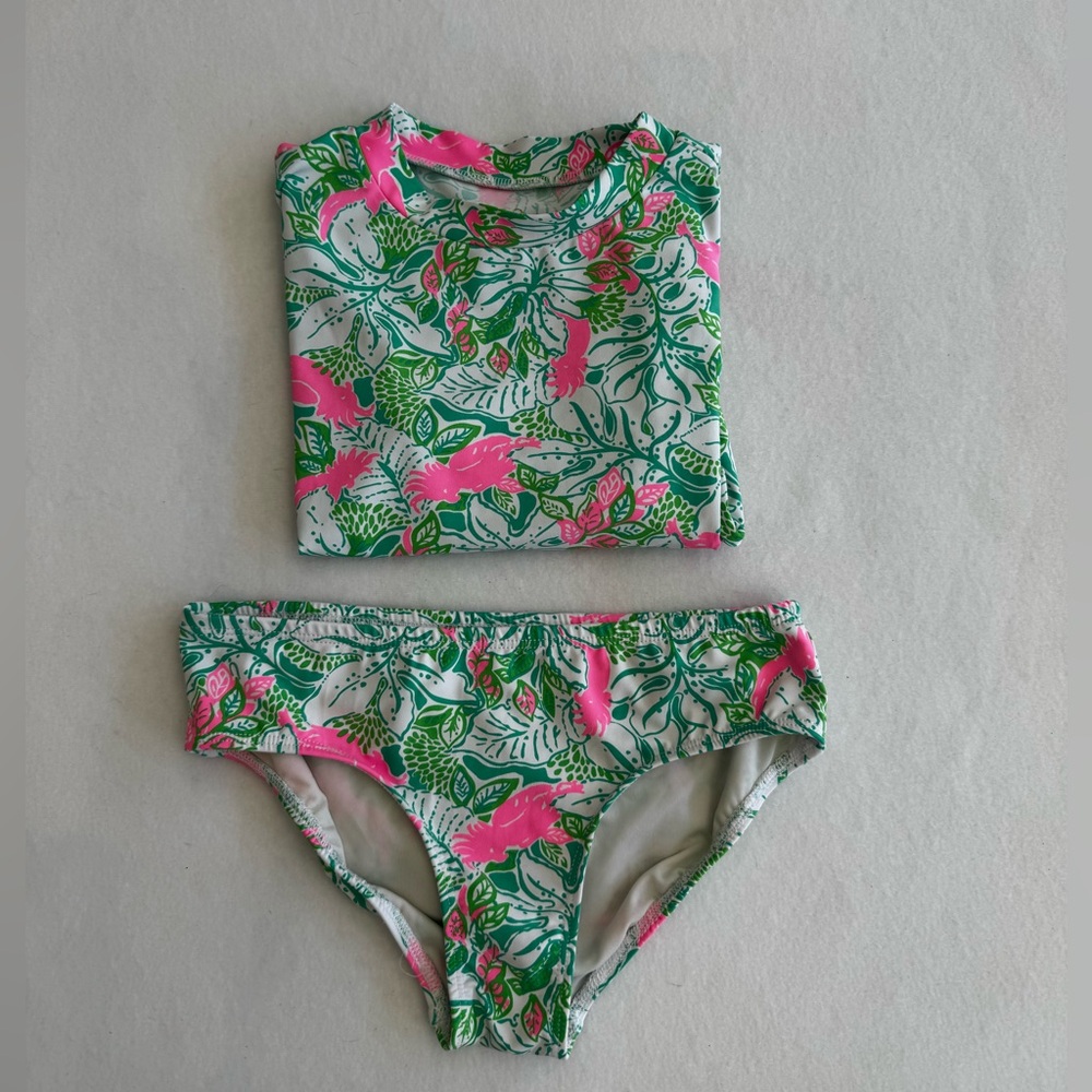 Lilly Pulitzer Girls' Long Sleeve Rash Guard Set Pink & Green Floral SZ 7 EUC - Picture 3 of 6